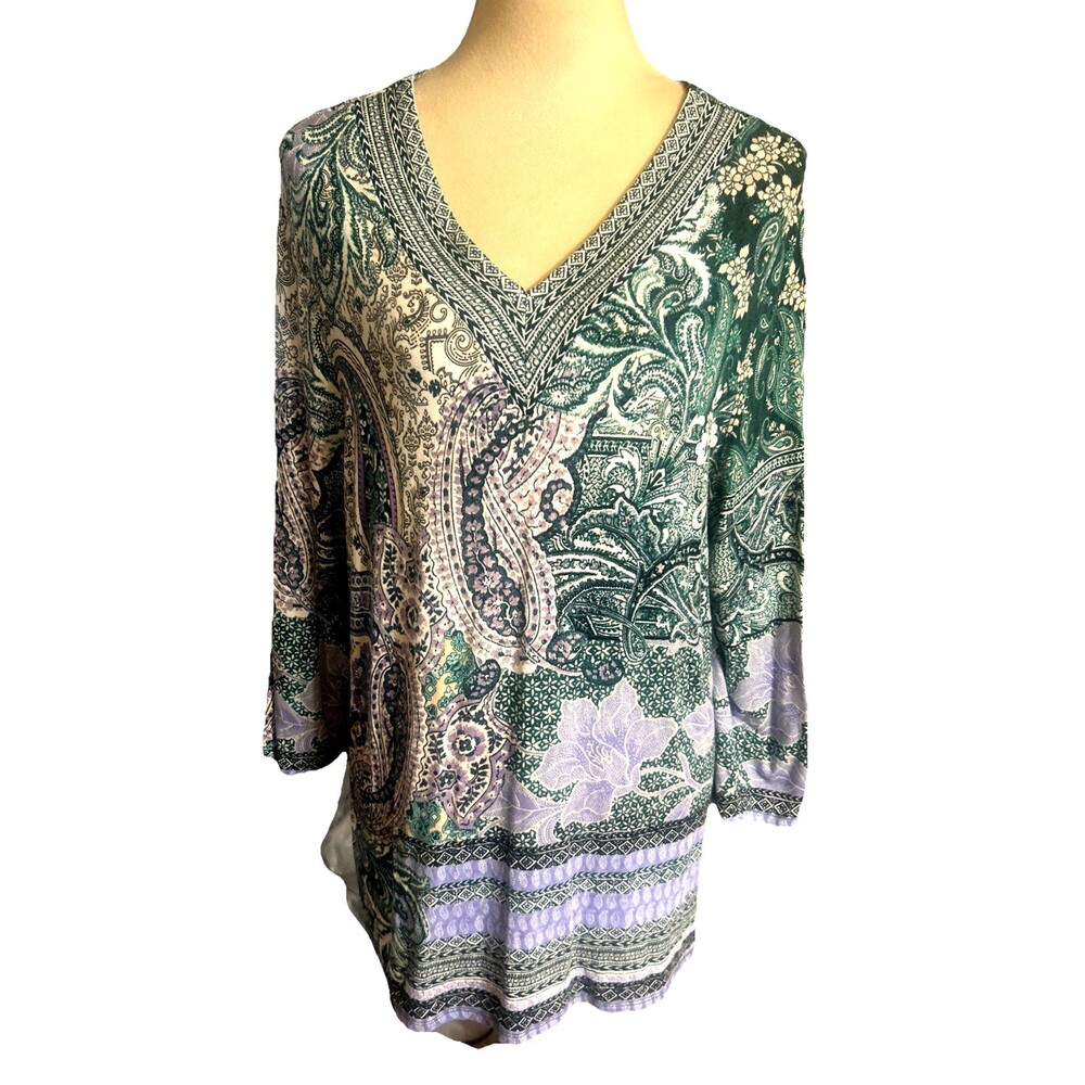 Chico's Villa Womens 3 /XL Paisley Boho Green Purple V Neck 3/4 Sleeve Tunic